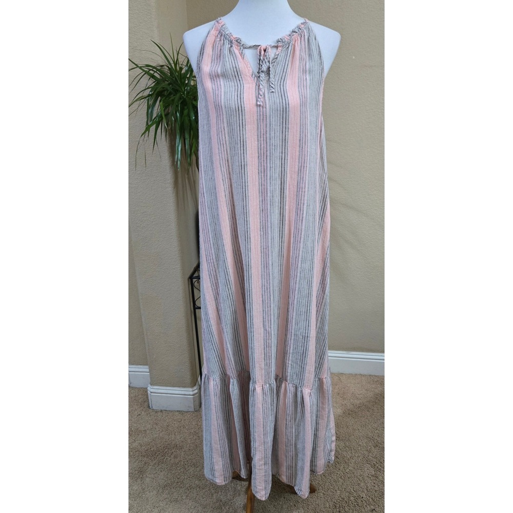 Nine West Maxi Dress Women Large Pink Linen Blend Tiered Ruffle Resort Lagenlook